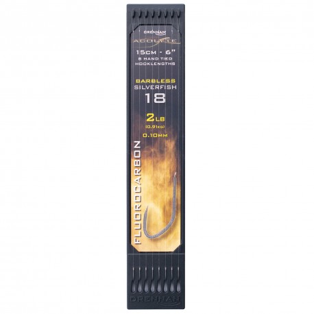 Drennan 6" Plate System Hooklinks - Acolyte Barbless Silverfish to Fluorocarbon
