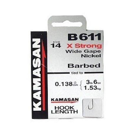 Kamasan B611 Barbed X Strong Wide Gape Nickel Hooks To Nylon - All Sizes Kamasan B611 Barbed X Strong Wide Gape Nickel Hooks To Nylon - All Sizes